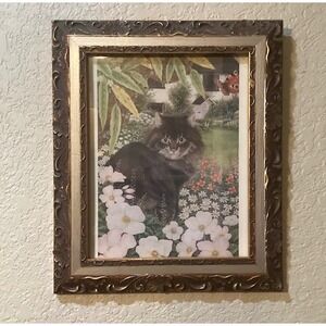 Vintage Framed Art Print "Country Cat Emma" by Anne Mortimer 13"Hx11"L